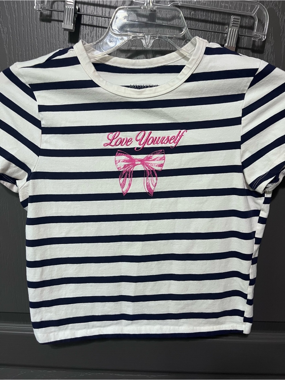Mighty Fine Navy & White Striped Crop Top with Pink Bow Graphic